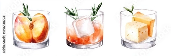 Fototapeta Illustration of drinks with fruit, ice, and cheese pairing.