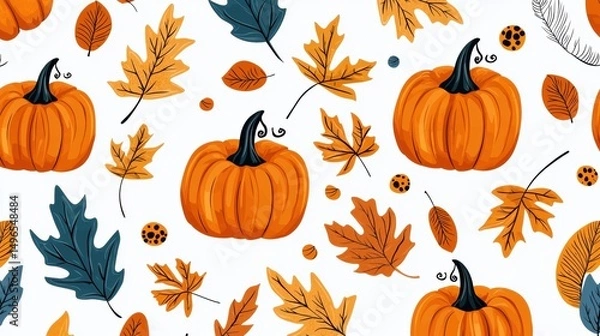 Fototapeta Autumn leaves and pumpkins pattern design.