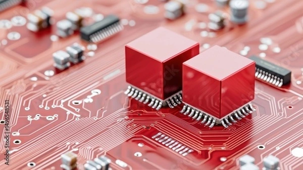 Fototapeta Close-up of a red circuit board with electronic components.
