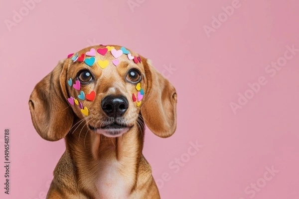 Fototapeta Dog with heart decorations on its forehead against a pink background