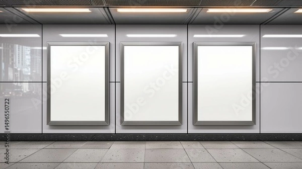 Fototapeta Empty frames for three big pictures on the wall as a mockup for poster design 