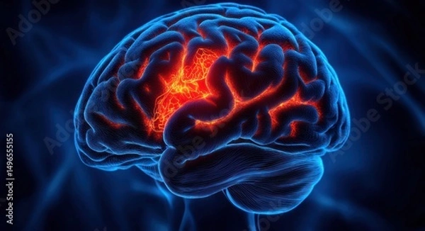 Fototapeta 3d illustration of a human brain with highlighted glowing inner structures in red and orange surrounded by a blue neural background