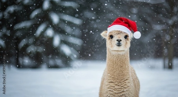 Obraz Photo of Alpaca Wearing Santa Hat in Snowy Winter Wonderland