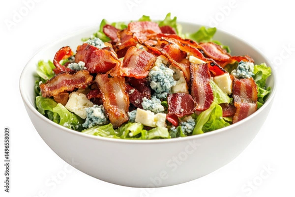 Fototapeta Delicious bacon salad with blue cheese and lettuce in white bowl food photography isolated on transparent background