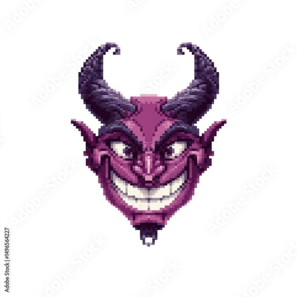 Fototapeta Pixel Art Devil Grinning, White Background, Game Asset