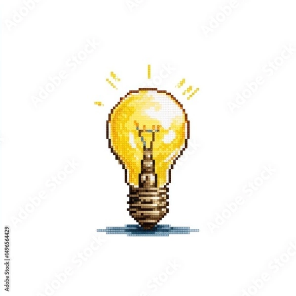 Fototapeta Pixel art lightbulb idea, glowing, white background, website design
