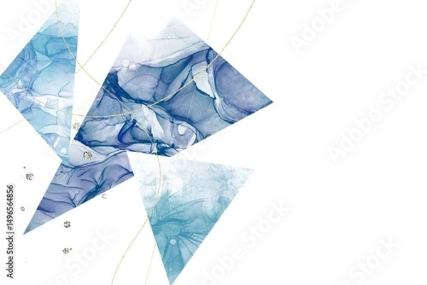 Obraz アルコールインクアート抽象白背景テンプレート。青い三つの三角形と金色幾何学模様　