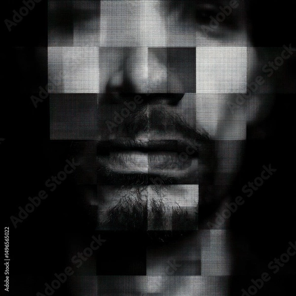 Fototapeta Pixelated Man Face, Dark Background, Digital Art, Website Banner