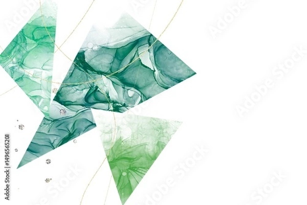 Fototapeta アルコールインクアート抽象白背景テンプレート。緑の三つの三角形と金色幾何学模様　