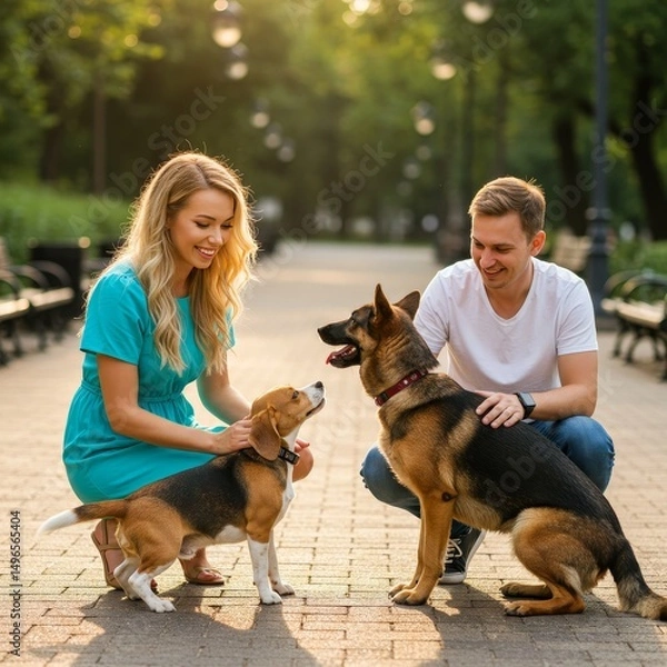 Fototapeta Photo of Couple with Beagle and German Shepherd in Park