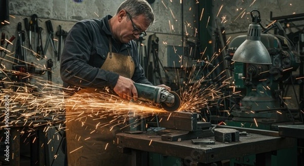 Fototapeta Photo of Craftsman Grinding Metal in Workshop with Sparks