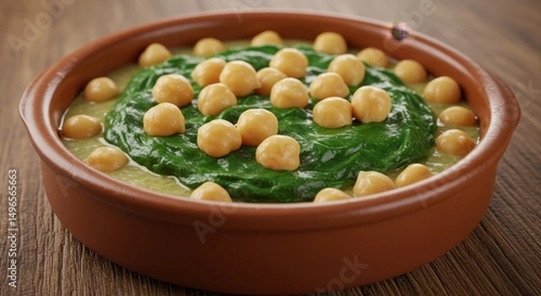 Fototapeta Photo of Creamy Spinach with Roasted Chickpeas in a Rustic Bowl