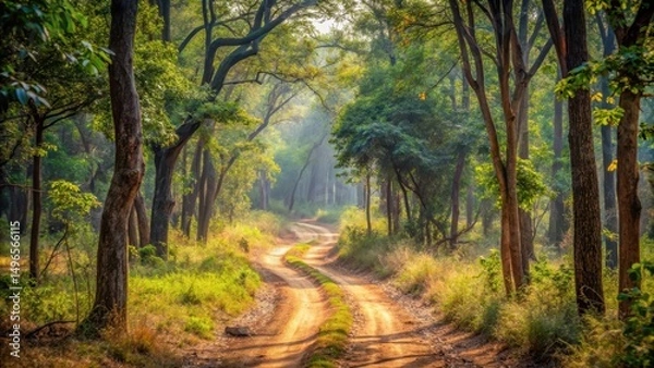 Fototapeta A dirt path winding through the dense undergrowth of the Bhadra Tiger Reserve , animal habitat