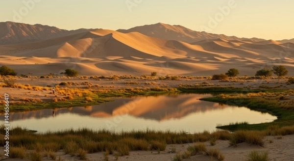 Fototapeta Photo of Desert Oasis at Sunset with Sand Dunes and Mountains