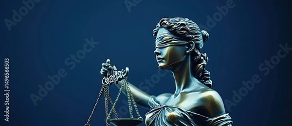 Obraz Close-up of a blindfolded lady justice statue holding balanced scales symbolizing fairness and impartiality under dramatic lighting