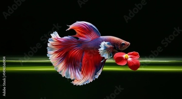 Fototapeta Photo of a Vibrant Betta Fish with a Red Flower in Aquarium