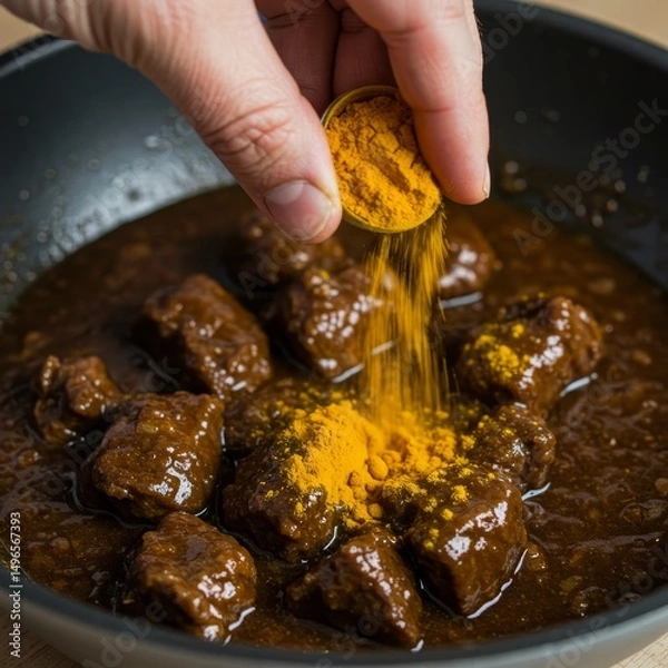 Fototapeta Photo of Adding Turmeric to Beef Curry in Pan