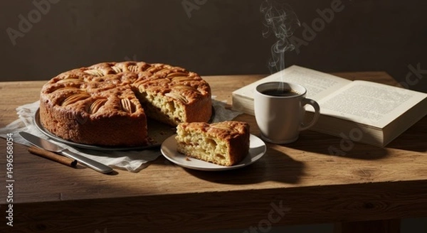 Fototapeta Photo of Apple Cake Coffee and Open Book on Rustic Wooden Table