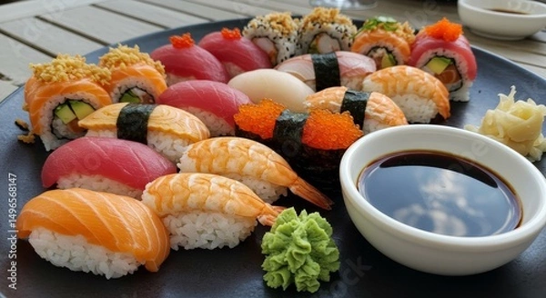 Fototapeta Photo of Assorted Sushi Platter with Soy Sauce and Wasabi