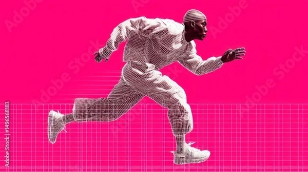Fototapeta Runner sprints, pink grid background, speed, motion, active lifestyle
