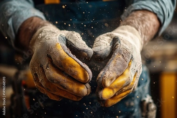 Fototapeta Close-up of worn dusty hands clapping or creating a cloud of fine particles showcasing hardworking labor in protective gloves