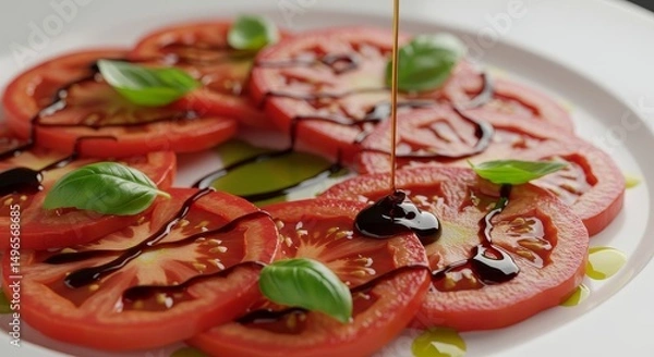 Fototapeta Photo of Balsamic Glaze Drizzled Over Tomato and Basil Salad