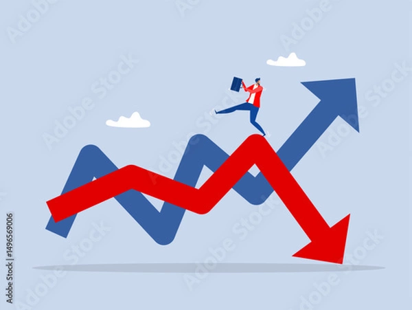 Fototapeta profit graph arrows up and down,businessman investor fall on uncertainty, volatile up and down arrow profit graph,Financial investment volatility,vector