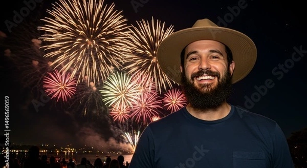 Fototapeta Photo of Bearded Man Smiling with Fireworks Display