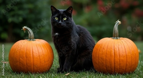 Fototapeta Photo of Black Cat Sitting Majestically Between Two Pumpkins on Green Grass
