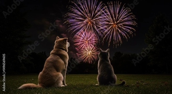 Fototapeta Photo of Dog and Cat Watching Fireworks Display