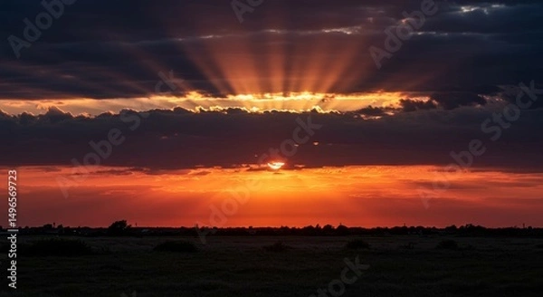 Fototapeta Photo of Dramatic Sunset Over a Field With Sunrays