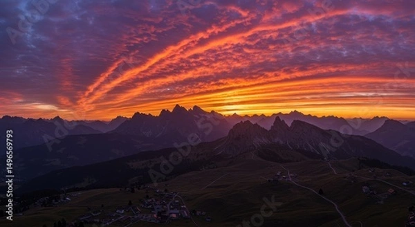 Fototapeta Photo of Dramatic Sunset Over Mountain Range in Dolomites
