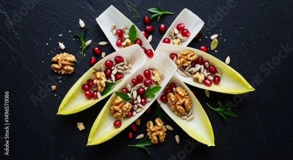 Fototapeta Photo of Endive Boats with Pomegranate Seeds and Walnuts on Dark Background