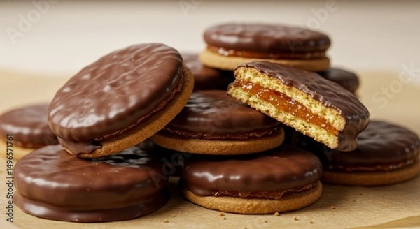 Fototapeta Photo of Chocolate Covered Cookies With Jam Filling on Brown Surface