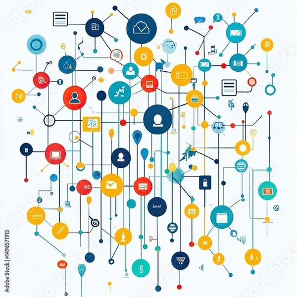 Fototapeta CRM interactions represented with customer profiles, service tickets, response logs, loyalty dashboards, support tools, analytics graphs, user insights, satisfaction tracking.