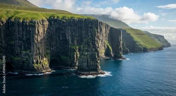 Fototapeta Photo of Faroe Islands Basalt Cliffs on a Clear Day