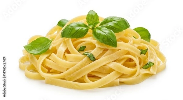 Fototapeta Photo of Fettuccine Pasta with Basil on White Background