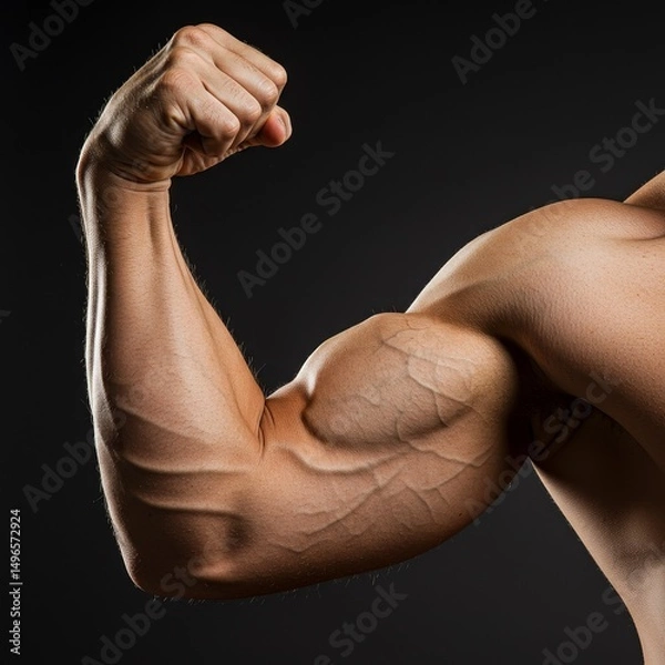 Fototapeta Photo of Flexed Bicep Muscle on Dark Background