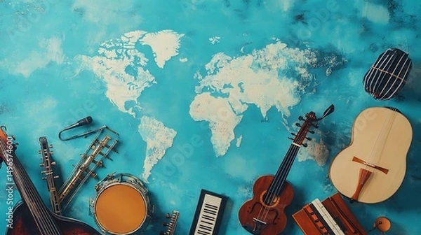 Fototapeta Global music instruments displayed on a world map.