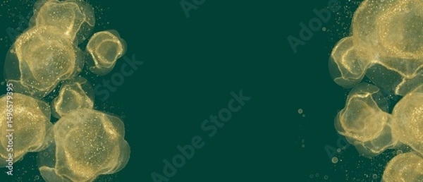 Obraz 秋冬用ダーク抽象横長バナー。緑背景の左右に金色の丸いアルコールインクアート