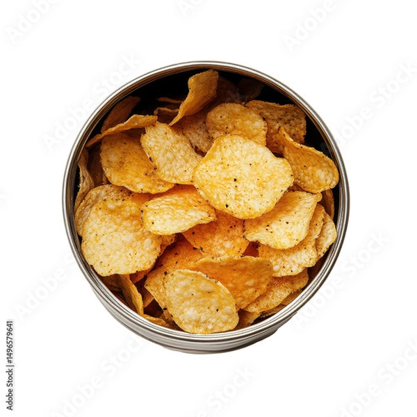Fototapeta Crispy potato chips arranged neatly in a tin container on a Transparent background, Isolated image potato chips placed around tin mouth on PNG background
