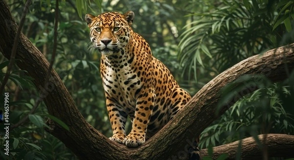 Fototapeta Photo of Jaguar Sitting on Branch in Lush Jungle