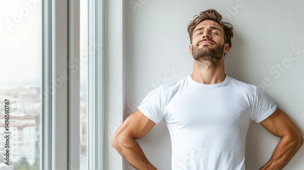 Fototapeta Relaxed man taking deep breath beside window, enjoying view and fresh air