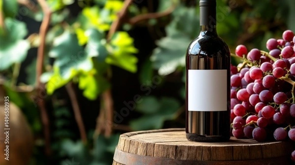 Obraz a wine bottle with grape garden background and copy space