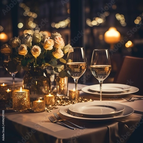 Obraz Elegant dinner table with wine glasses and candles, a romantic evening for two