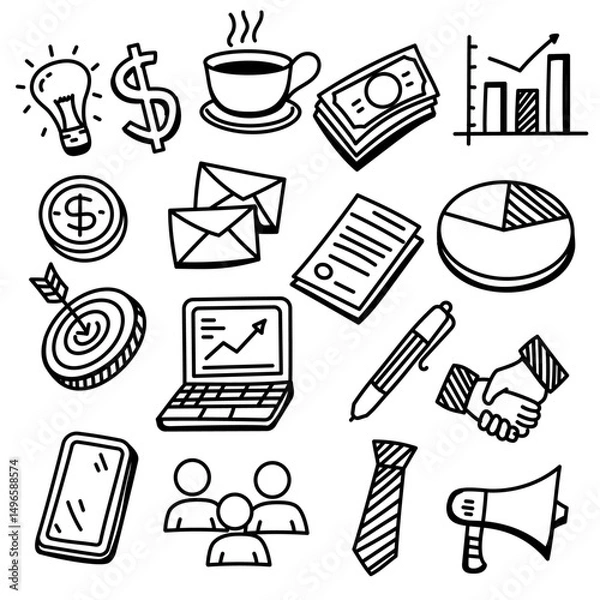 Fototapeta Set of business idea doodle illustration on a white background. Business doodle elements
