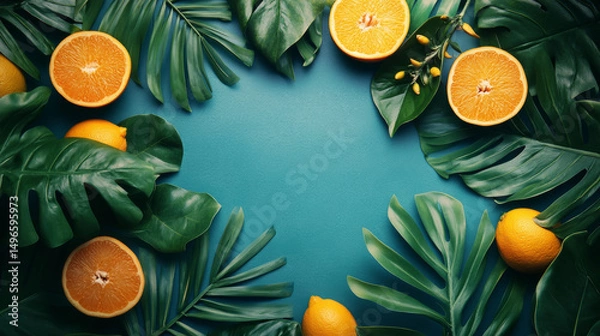 Obraz Green Tropical Palm Leaves and Citrus Fruits on a blue Background. Frame with Lemon and Orange Fruits and Green Monstera Leaf