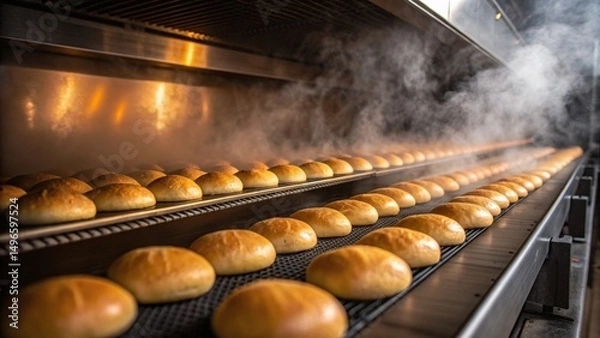 Fototapeta Freshly baked bread rolls on a conveyor in a bakery.