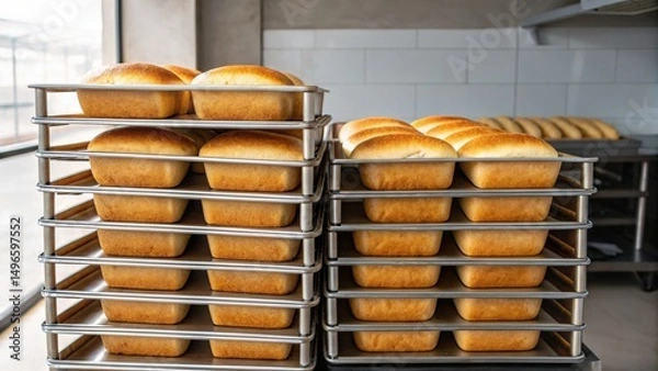 Fototapeta Freshly baked bread loaves stacked on metal trays in a bakery.