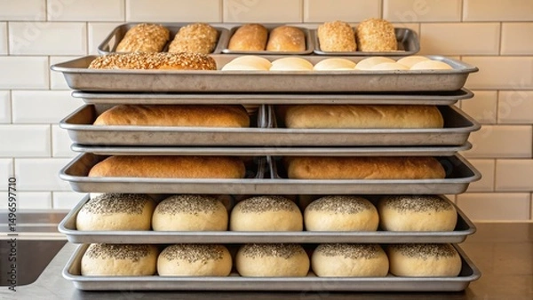 Fototapeta Freshly baked bread rolls stacked on trays in a kitchen.